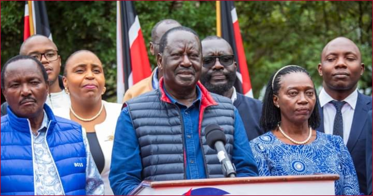 Raila Odinga with other Azimio La Umoja principals at a past presser in Nairobi.
